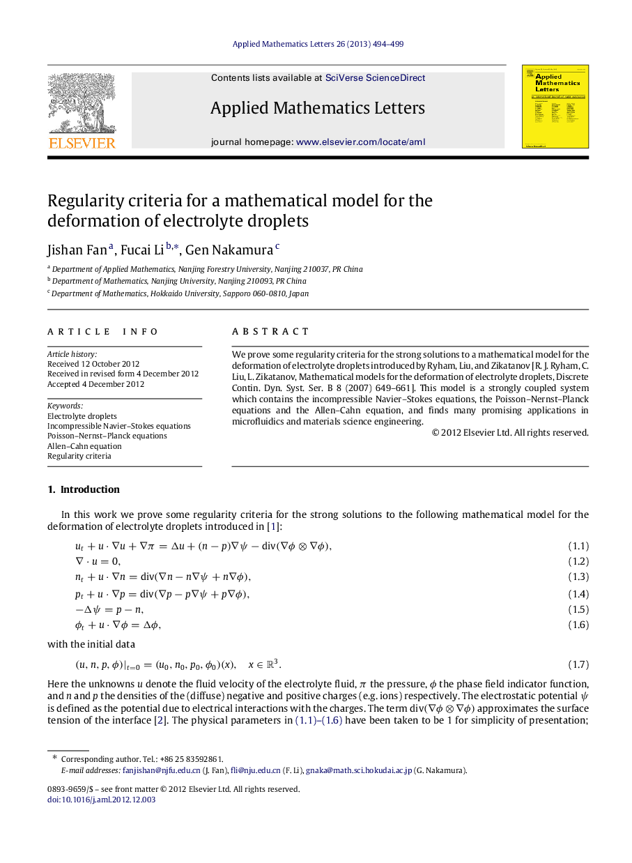 Regularity criteria for a mathematical model for the deformation of electrolyte droplets