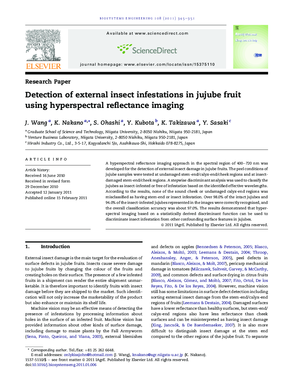 Detection of external insect infestations in jujube fruit using hyperspectral reflectance imaging