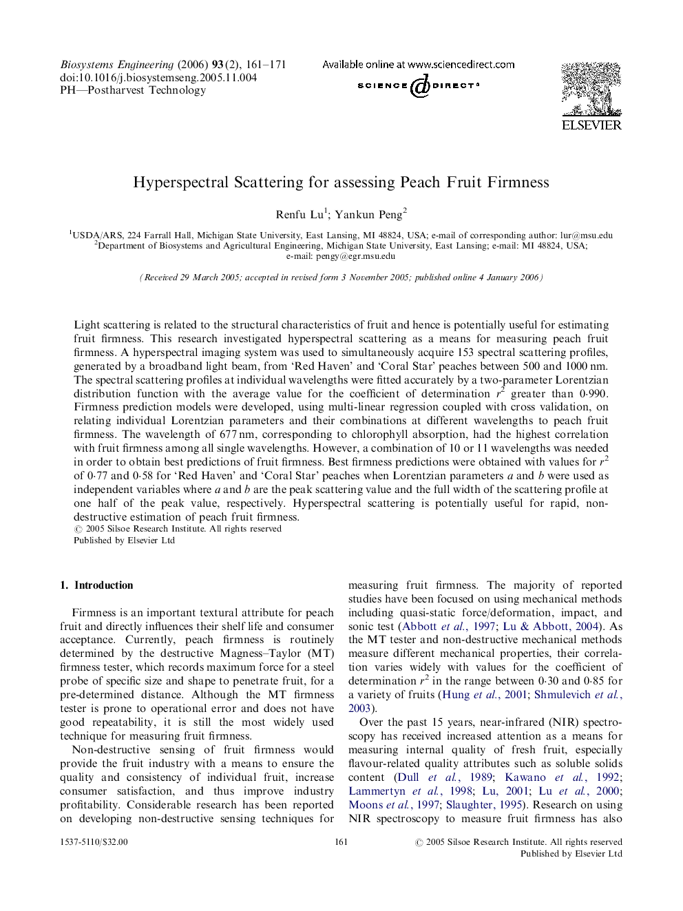 Hyperspectral Scattering for assessing Peach Fruit Firmness