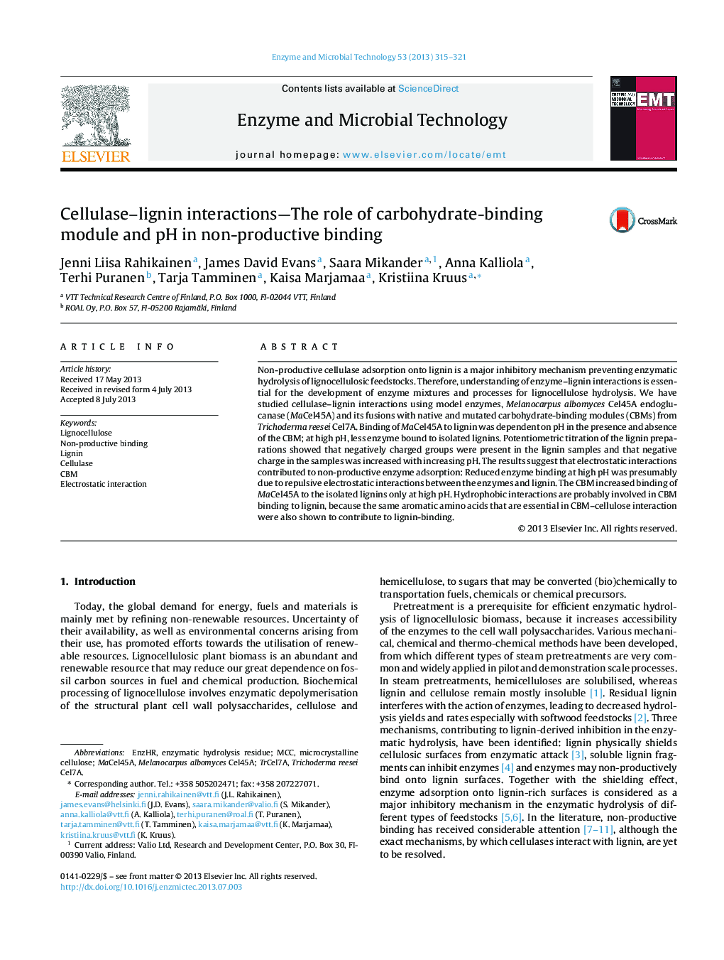 Cellulase–lignin interactions—The role of carbohydrate-binding module and pH in non-productive binding