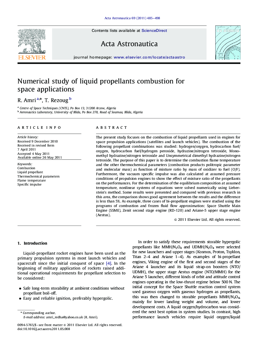 Numerical study of liquid propellants combustion for space applications