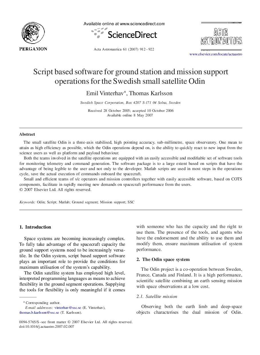 Script based software for ground station and mission support operations for the Swedish small satellite Odin