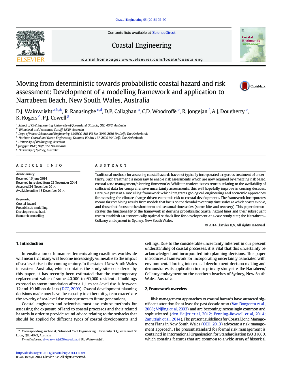 Moving from deterministic towards probabilistic coastal hazard and risk assessment: Development of a modelling framework and application to Narrabeen Beach, New South Wales, Australia