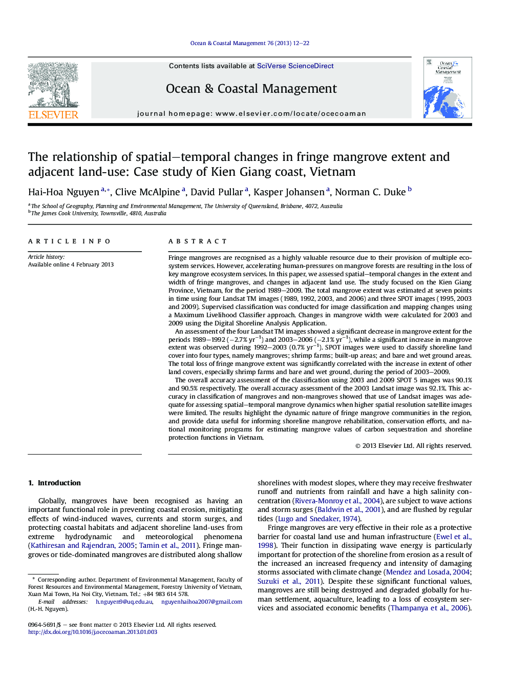 The relationship of spatial–temporal changes in fringe mangrove extent and adjacent land-use: Case study of Kien Giang coast, Vietnam