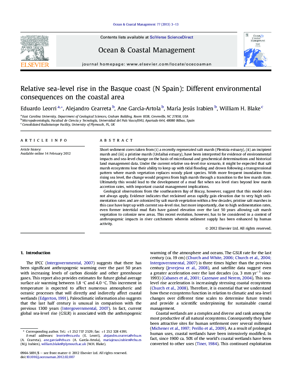 Relative sea-level rise in the Basque coast (N Spain): Different environmental consequences on the coastal area