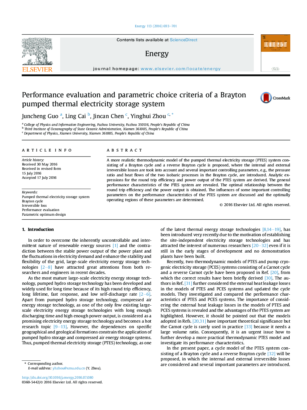 Performance evaluation and parametric choice criteria of a Brayton pumped thermal electricity storage system