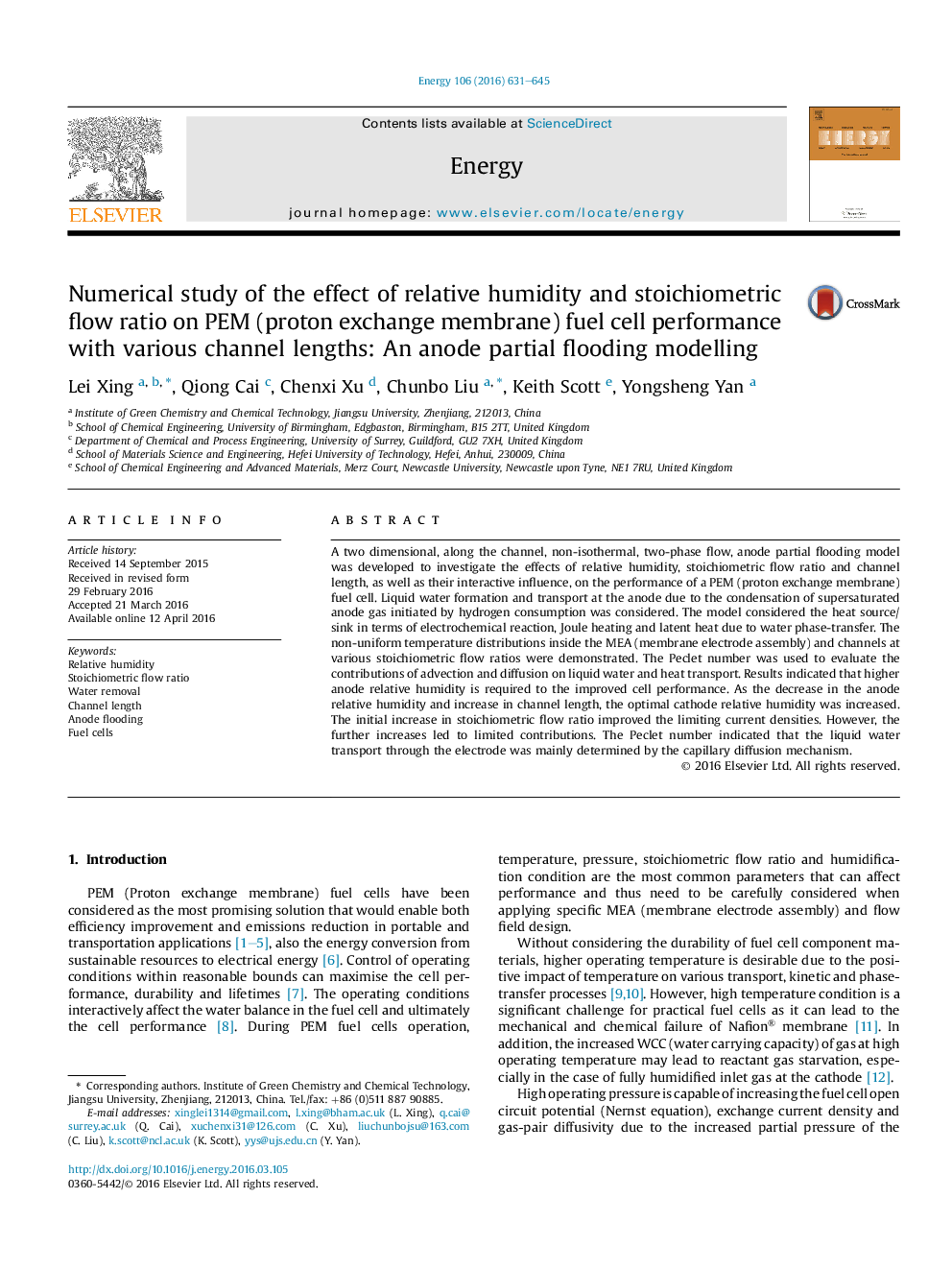 Numerical study of the effect of relative humidity and stoichiometric flow ratio on PEM (proton exchange membrane) fuel cell performance with various channel lengths: An anode partial flooding modelling