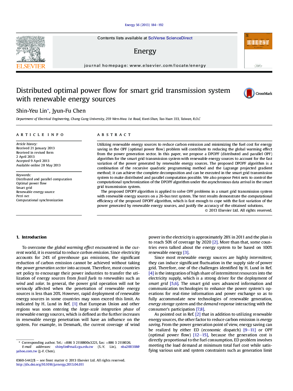 Distributed optimal power flow for smart grid transmission system with renewable energy sources