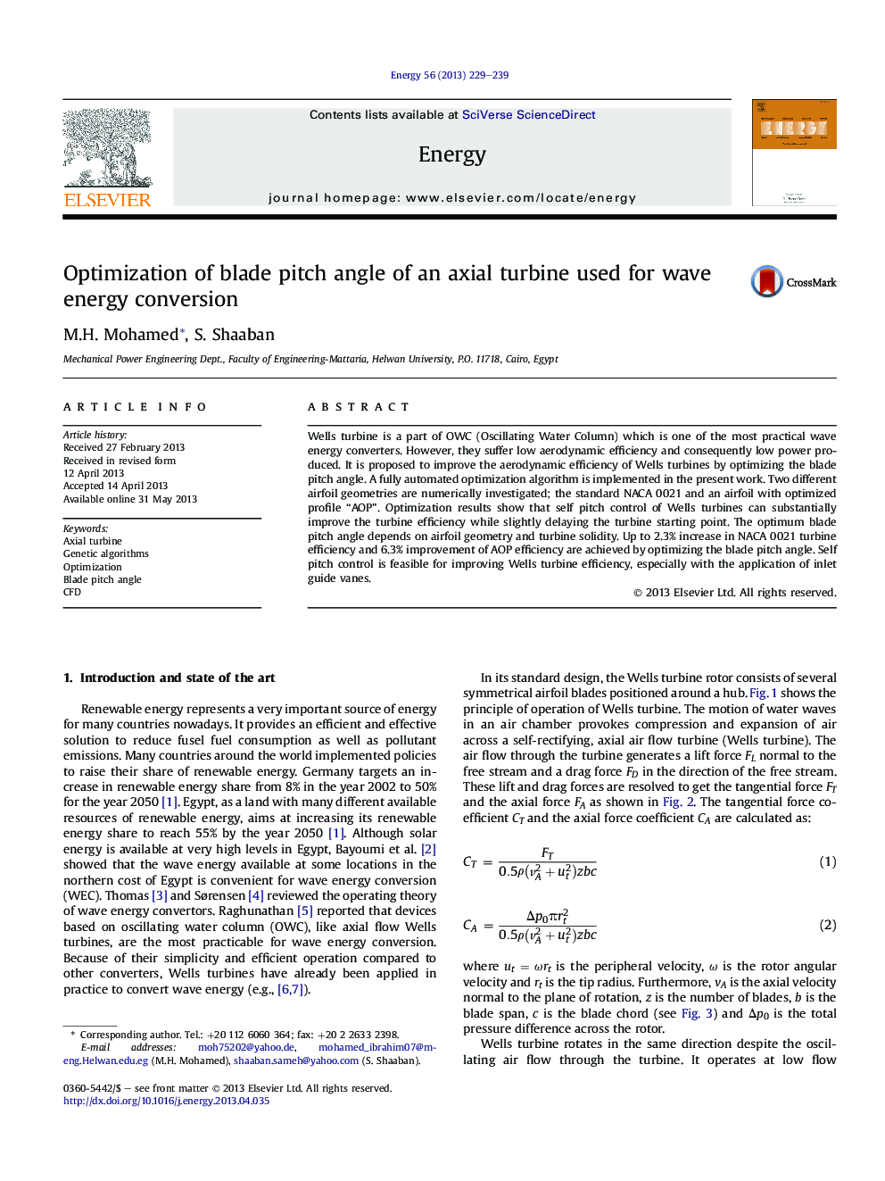 Optimization of blade pitch angle of an axial turbine used for wave energy conversion