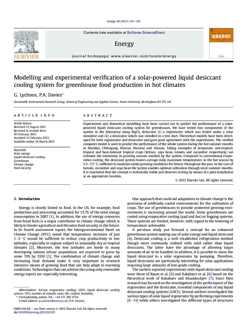 Modelling and experimental verification of a solar-powered liquid desiccant cooling system for greenhouse food production in hot climates