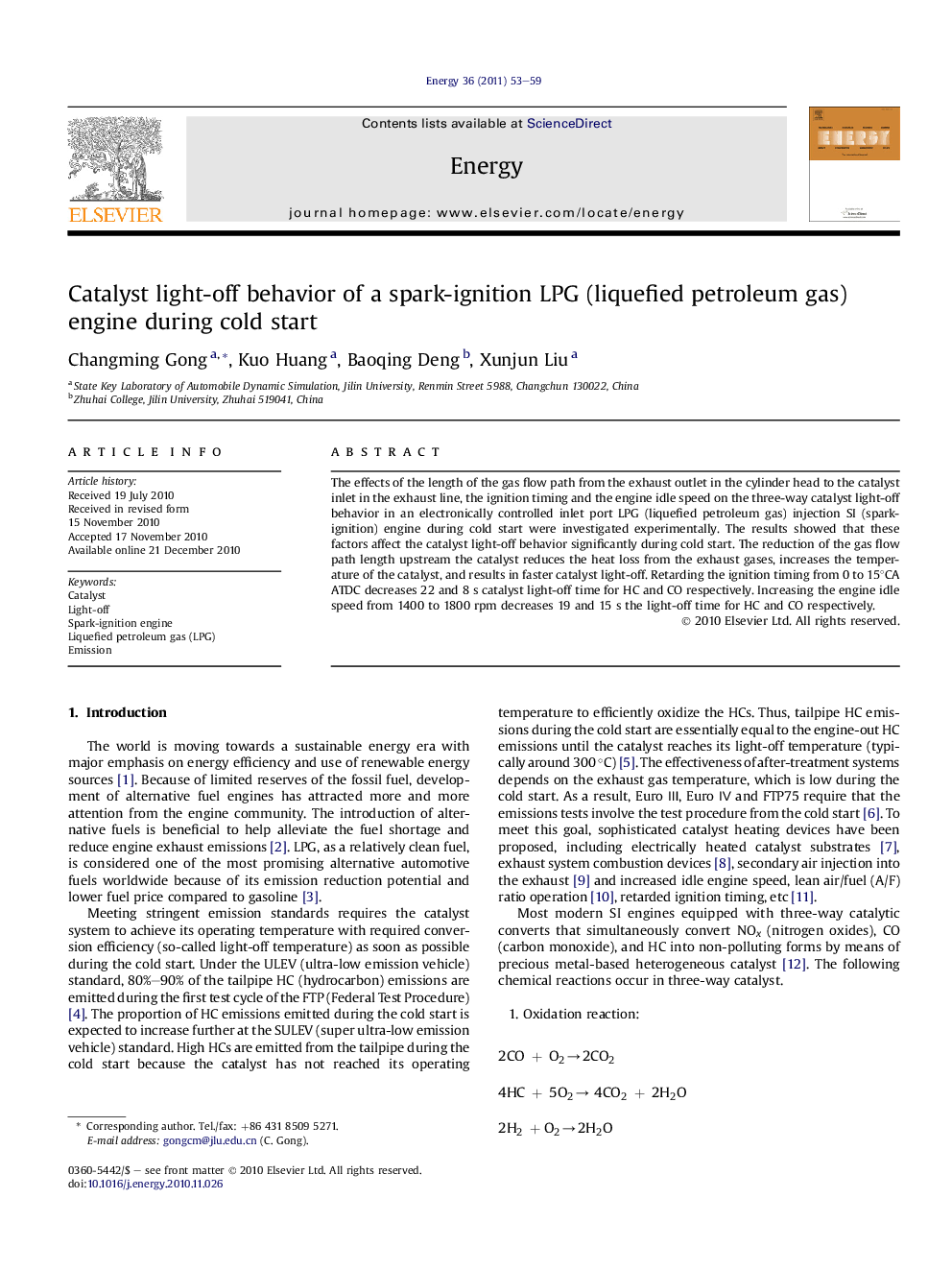 Catalyst light-off behavior of a spark-ignition LPG (liquefied petroleum gas) engine during cold start