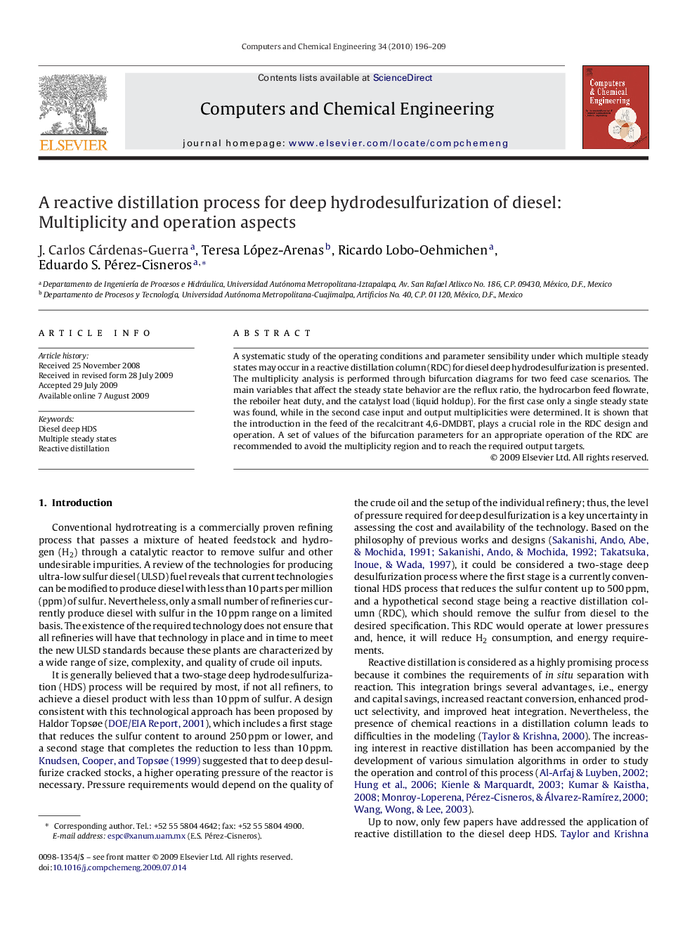 A reactive distillation process for deep hydrodesulfurization of diesel: Multiplicity and operation aspects