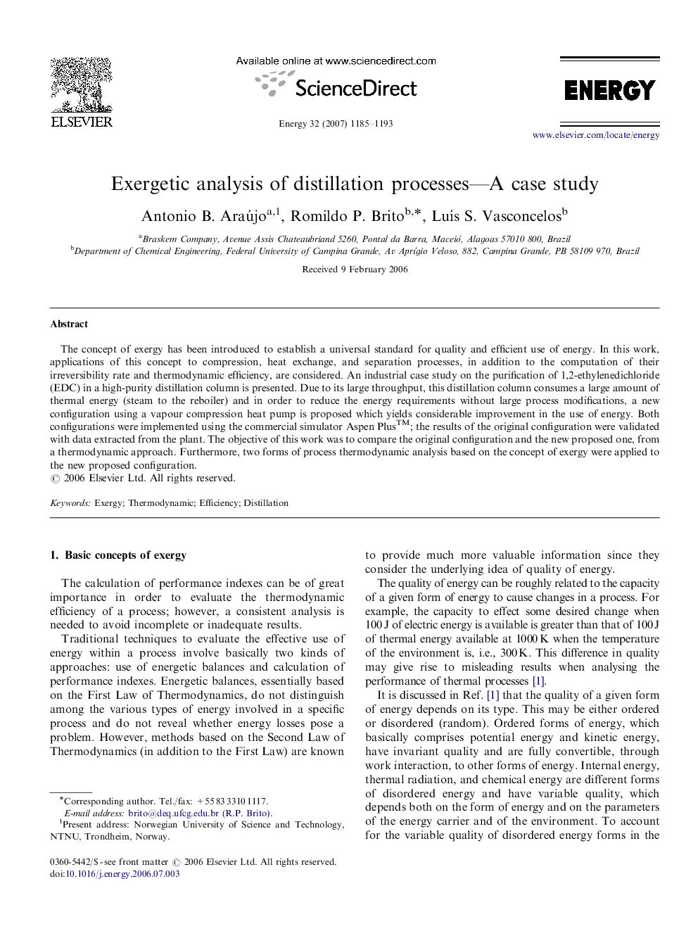 Exergetic analysis of distillation processes—A case study