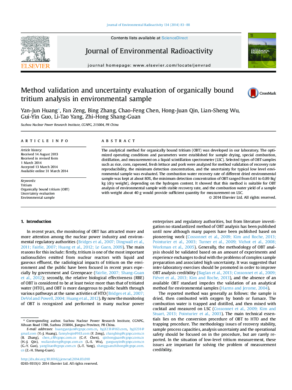 Method validation and uncertainty evaluation of organically bound tritium analysis in environmental sample
