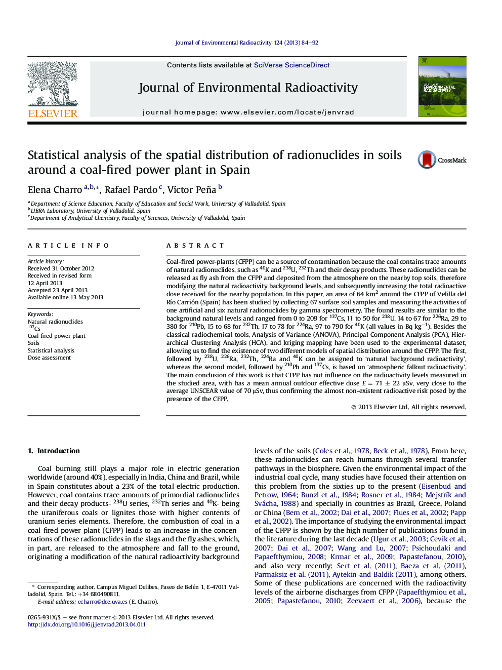 Statistical analysis of the spatial distribution of radionuclides in soils around a coal-fired power plant in Spain