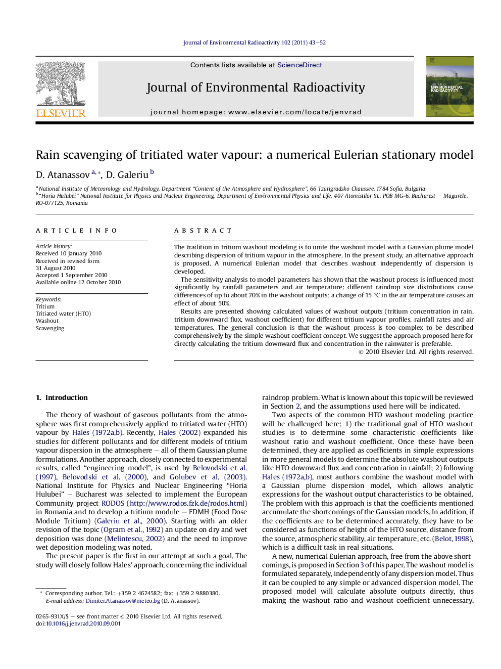 Rain scavenging of tritiated water vapour: a numerical Eulerian stationary model