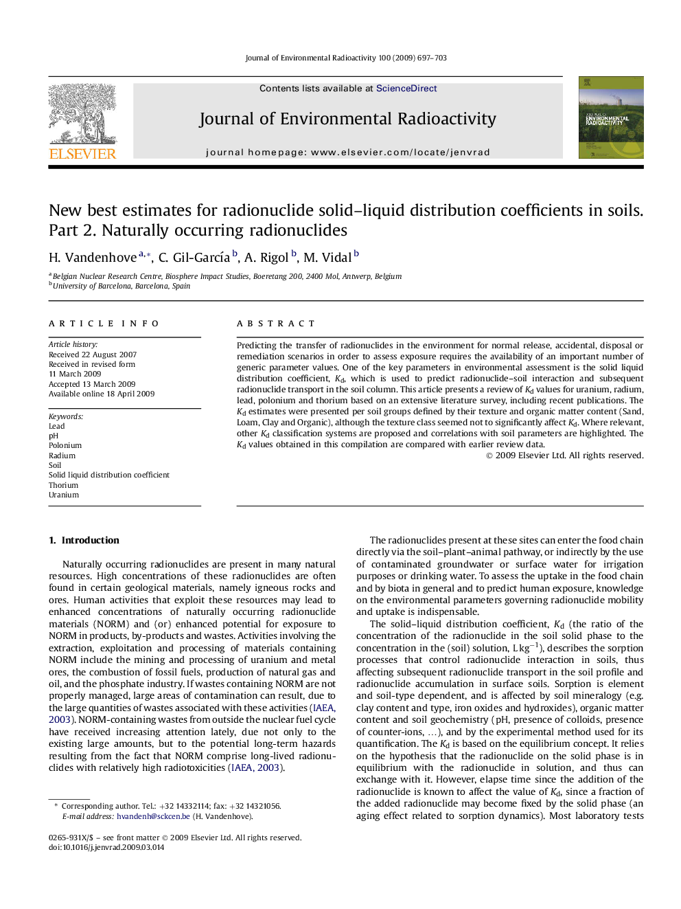 New best estimates for radionuclide solid–liquid distribution coefficients in soils. Part 2. Naturally occurring radionuclides