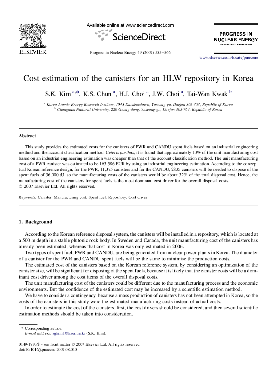 Cost estimation of the canisters for an HLW repository in Korea