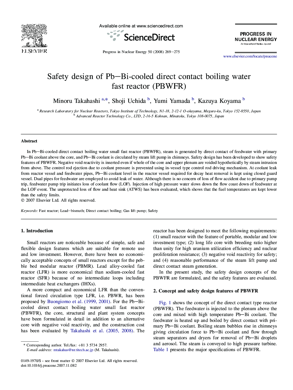 Safety design of Pb–Bi-cooled direct contact boiling water fast reactor (PBWFR)