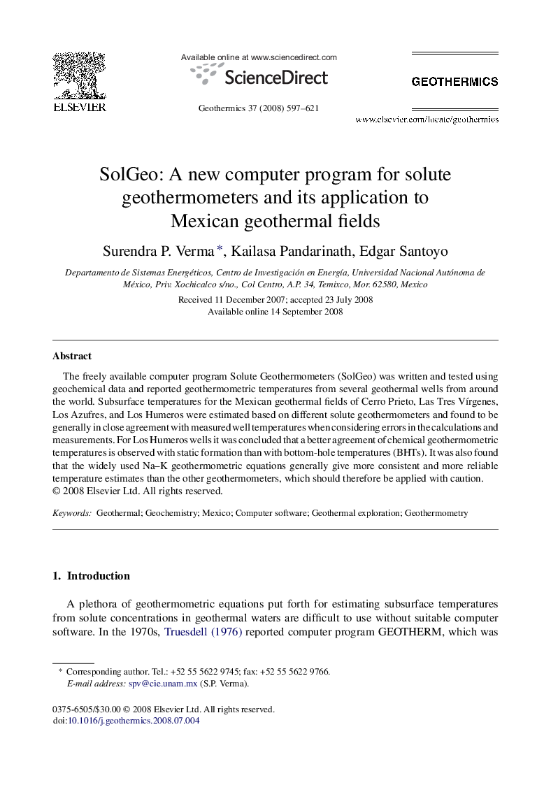 SolGeo: A new computer program for solute geothermometers and its application to Mexican geothermal fields