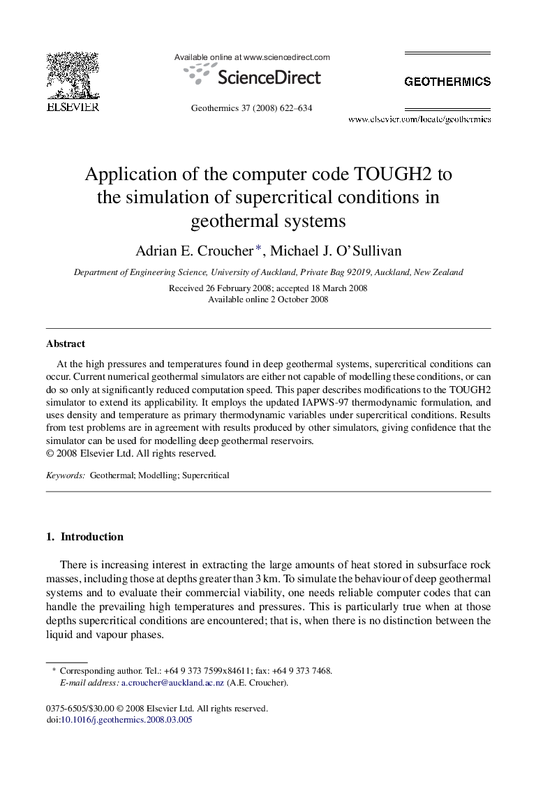Application of the computer code TOUGH2 to the simulation of supercritical conditions in geothermal systems