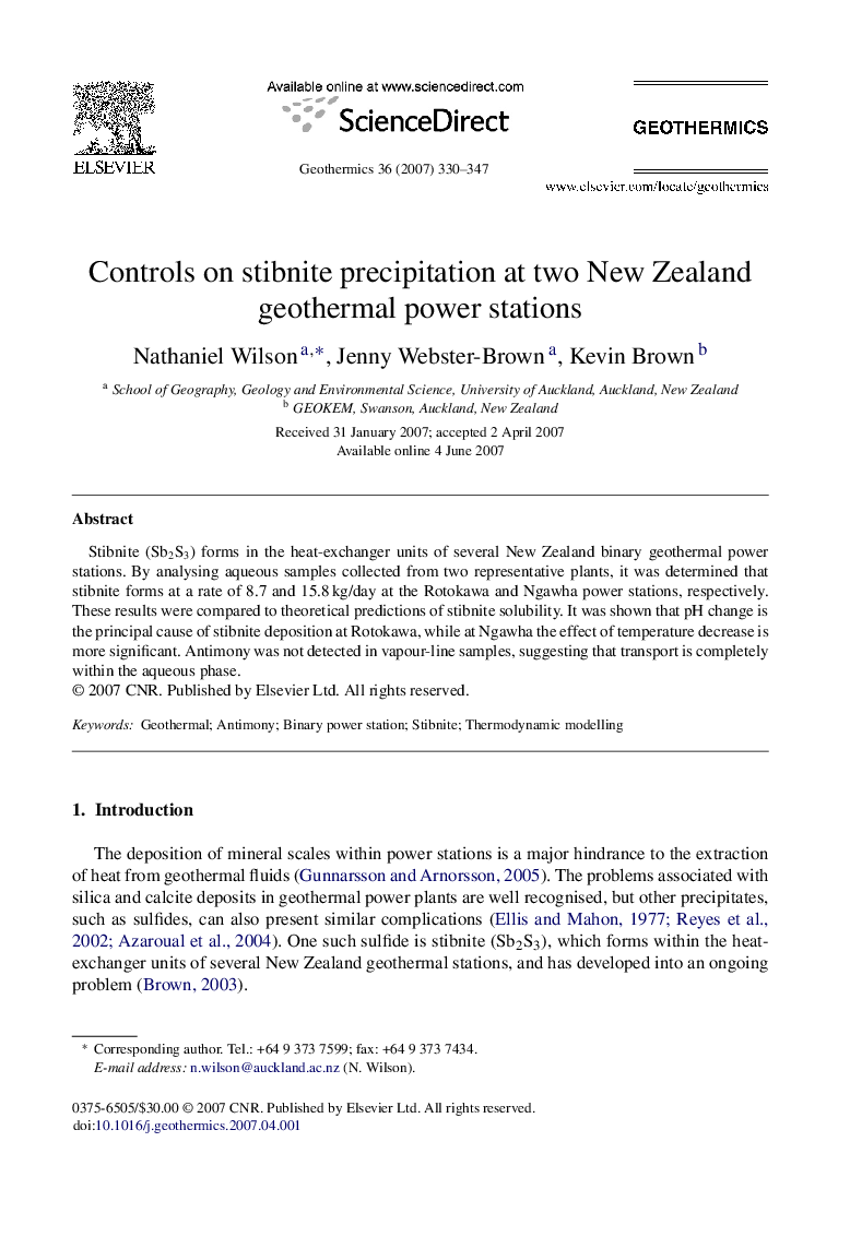 Controls on stibnite precipitation at two New Zealand geothermal power stations