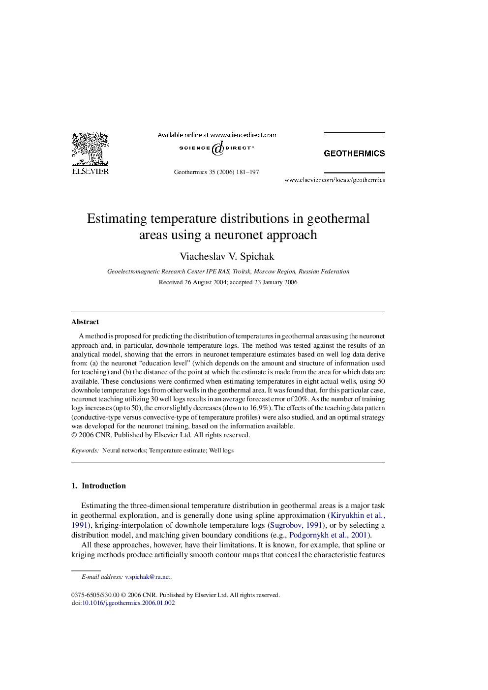 Estimating temperature distributions in geothermal areas using a neuronet approach