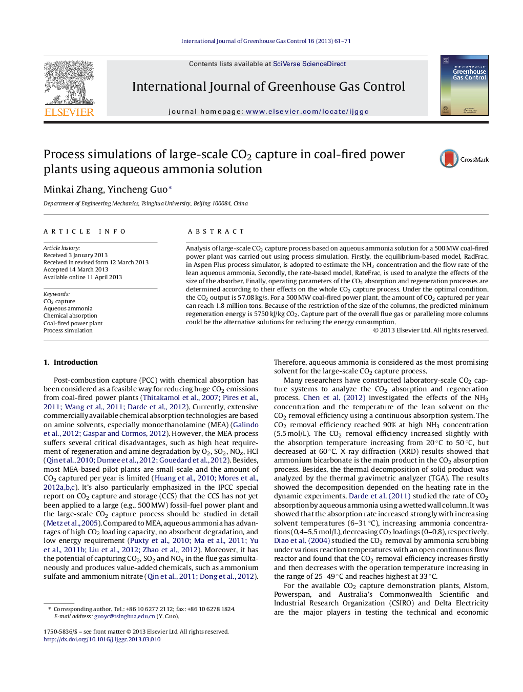 Process simulations of large-scale CO2 capture in coal-fired power plants using aqueous ammonia solution