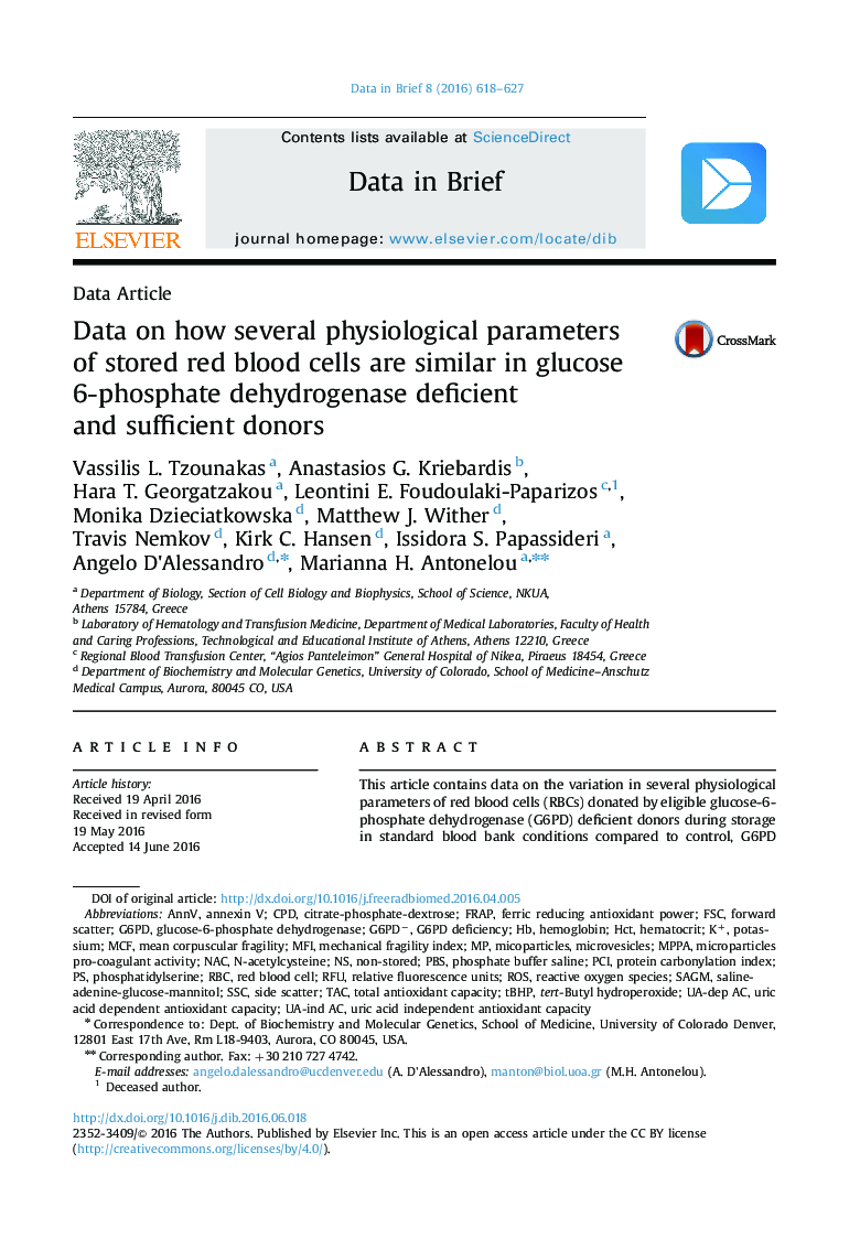 داده های مربوط به اینکه چگونه چندین پارامتر فیزیولوژیک گلبول قرمز ذخیره شده در گلوکز 6-فسفات دهیدروژناز و اهدا کنندگان کافی 