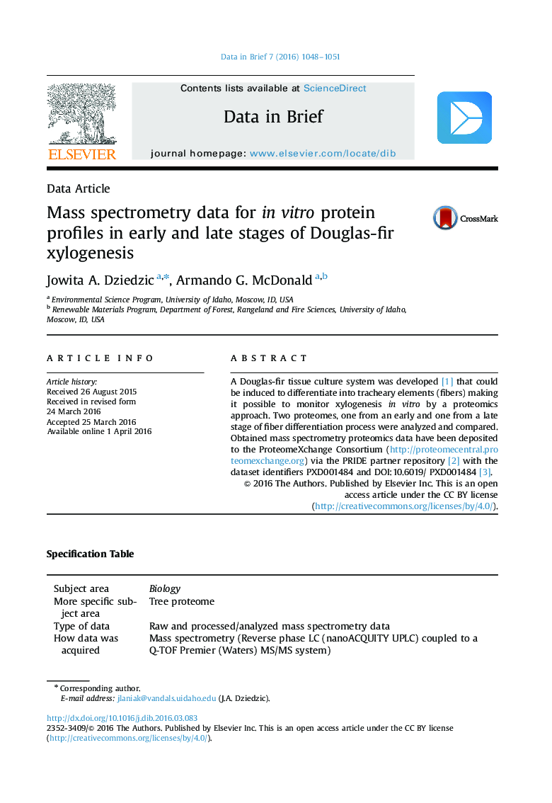 داده های طیف سنجی جرمی برای پروفیل های پروتئینی در محیط آزمایشگاهی در مراحل اولیه و آخر گزالوژنز داگلاس-فیر