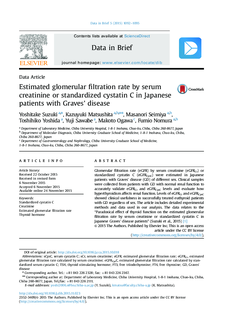 Estimated glomerular filtration rate by serum creatinine or standardized cystatin C in Japanese patients with Graves׳ disease