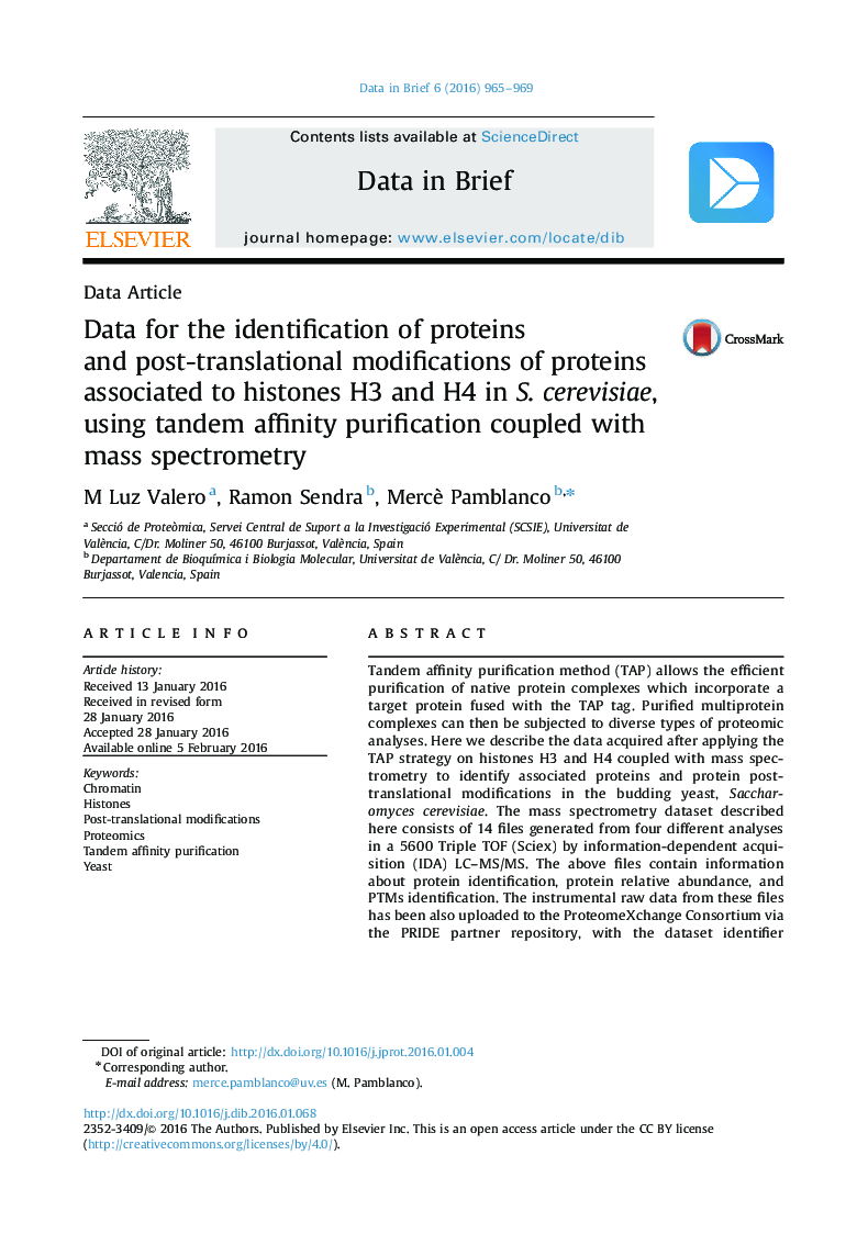 Data for the identification of proteins and post-translational modifications of proteins associated to histones H3 and H4 in S. cerevisiae, using tandem affinity purification coupled with mass spectrometry