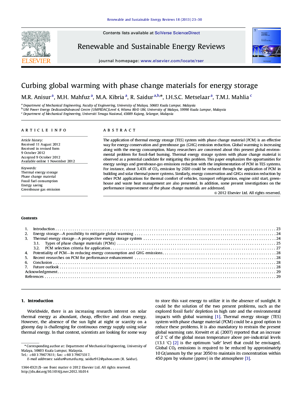 Curbing global warming with phase change materials for energy storage
