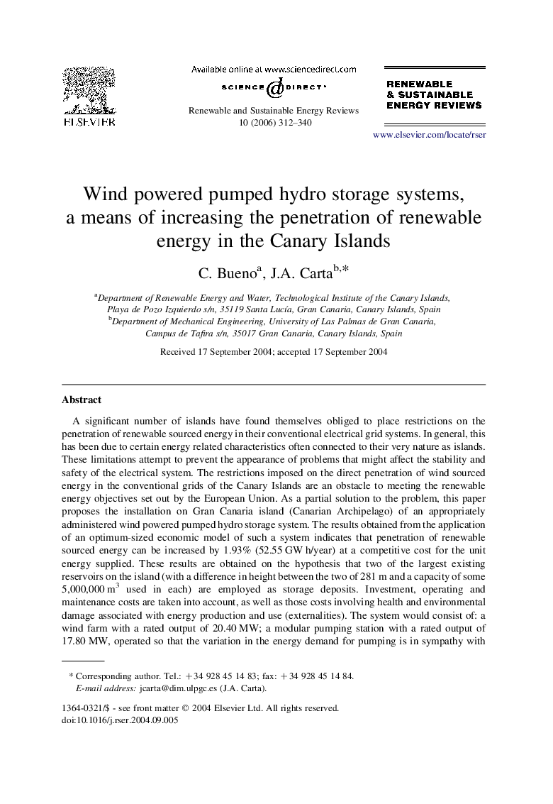 Wind powered pumped hydro storage systems, a means of increasing the penetration of renewable energy in the Canary Islands