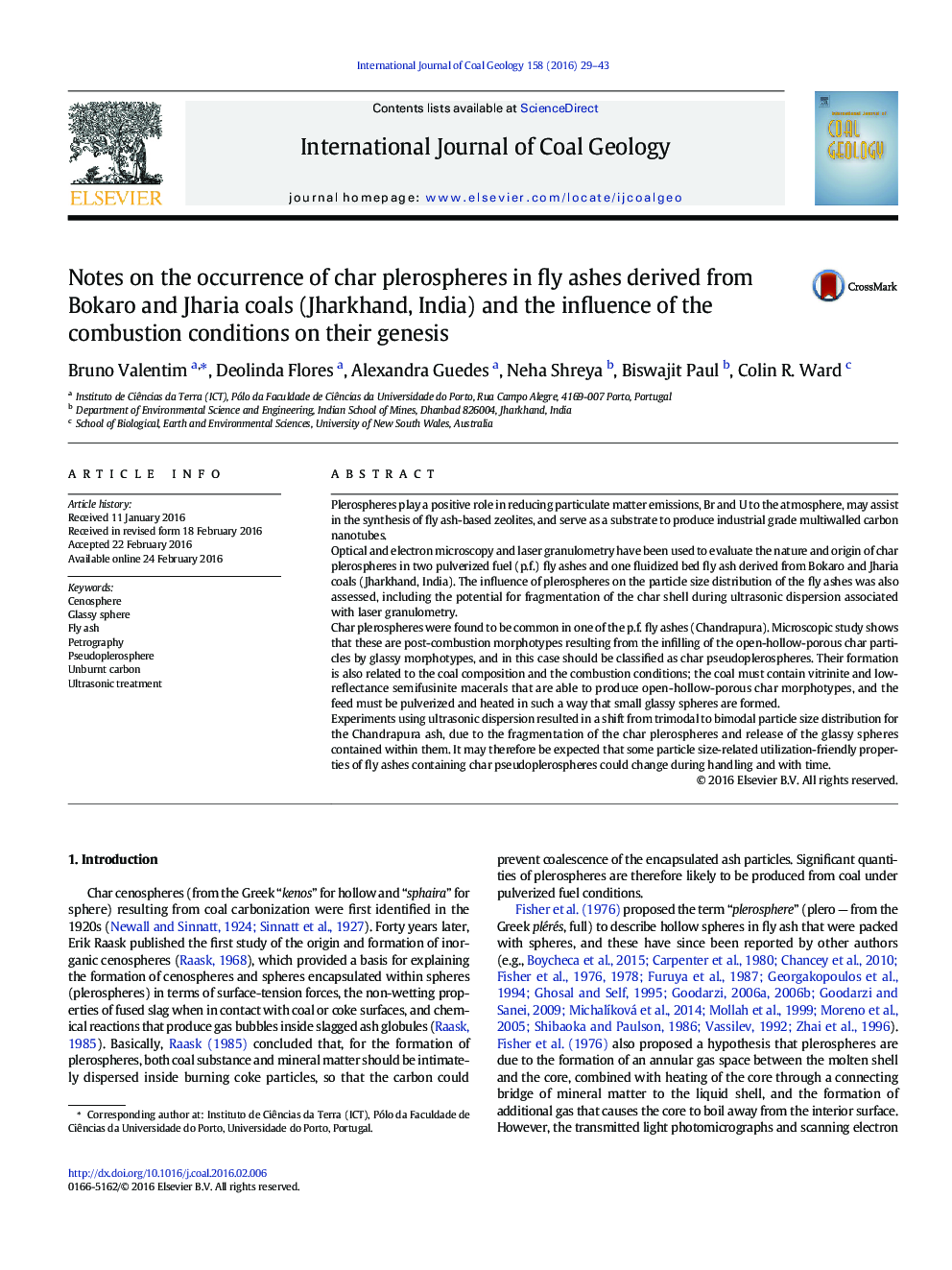 نکاتی در مورد وقوع plerospheres کاراکتر در خاکستر پرواز به دست آمده از بوکارو و Jharia زغال سنگ (جارکند، هند) و تأثیر شرایط سوختن در پیدایش