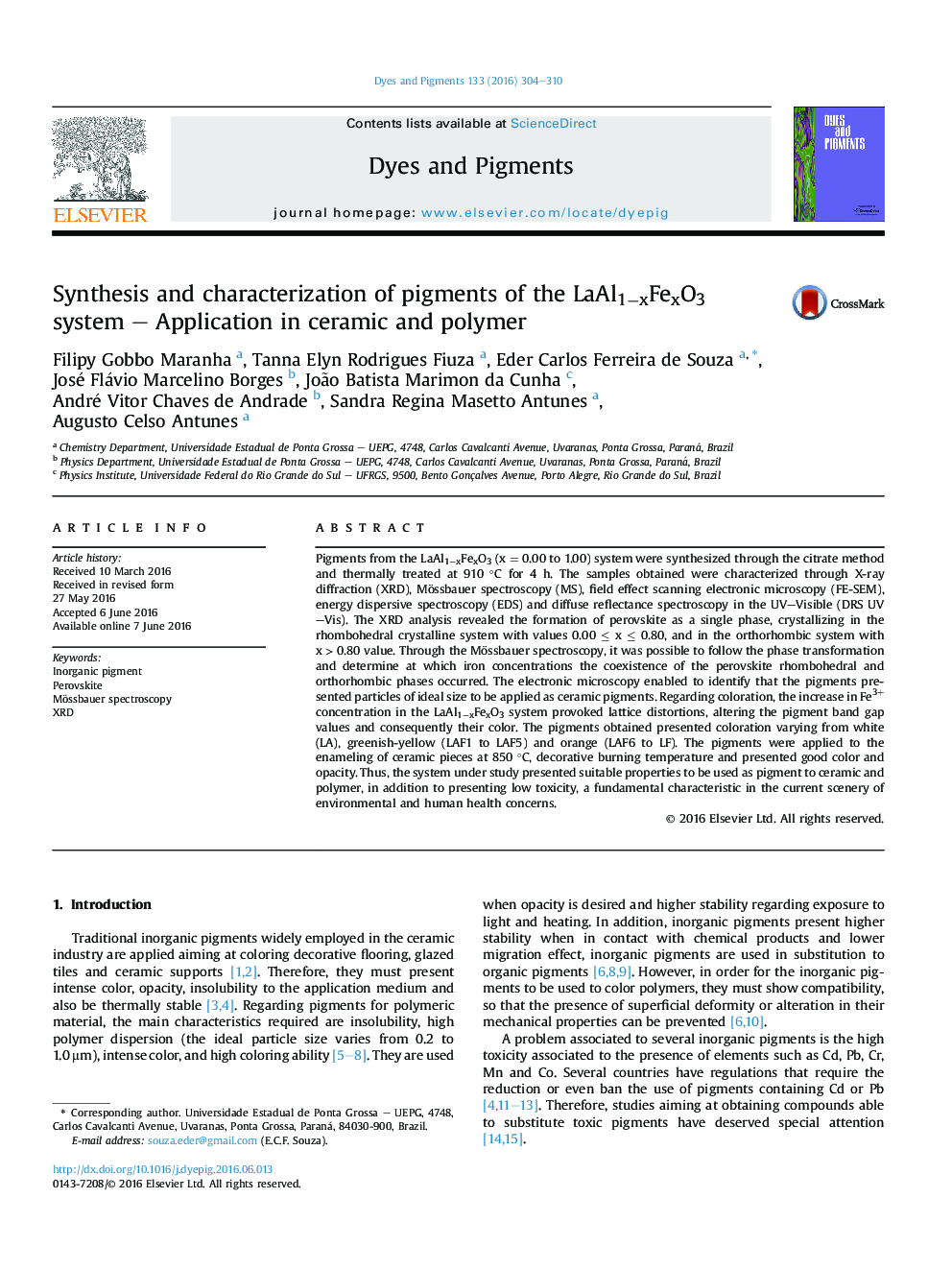 Synthesis and characterization of pigments of the LaAl1−xFexO3 system – Application in ceramic and polymer