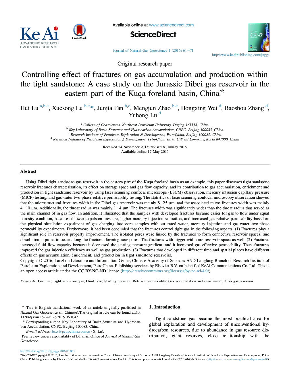 Controlling effect of fractures on gas accumulation and production within the tight sandstone: A case study on the Jurassic Dibei gas reservoir in the eastern part of the Kuqa foreland basin, China 