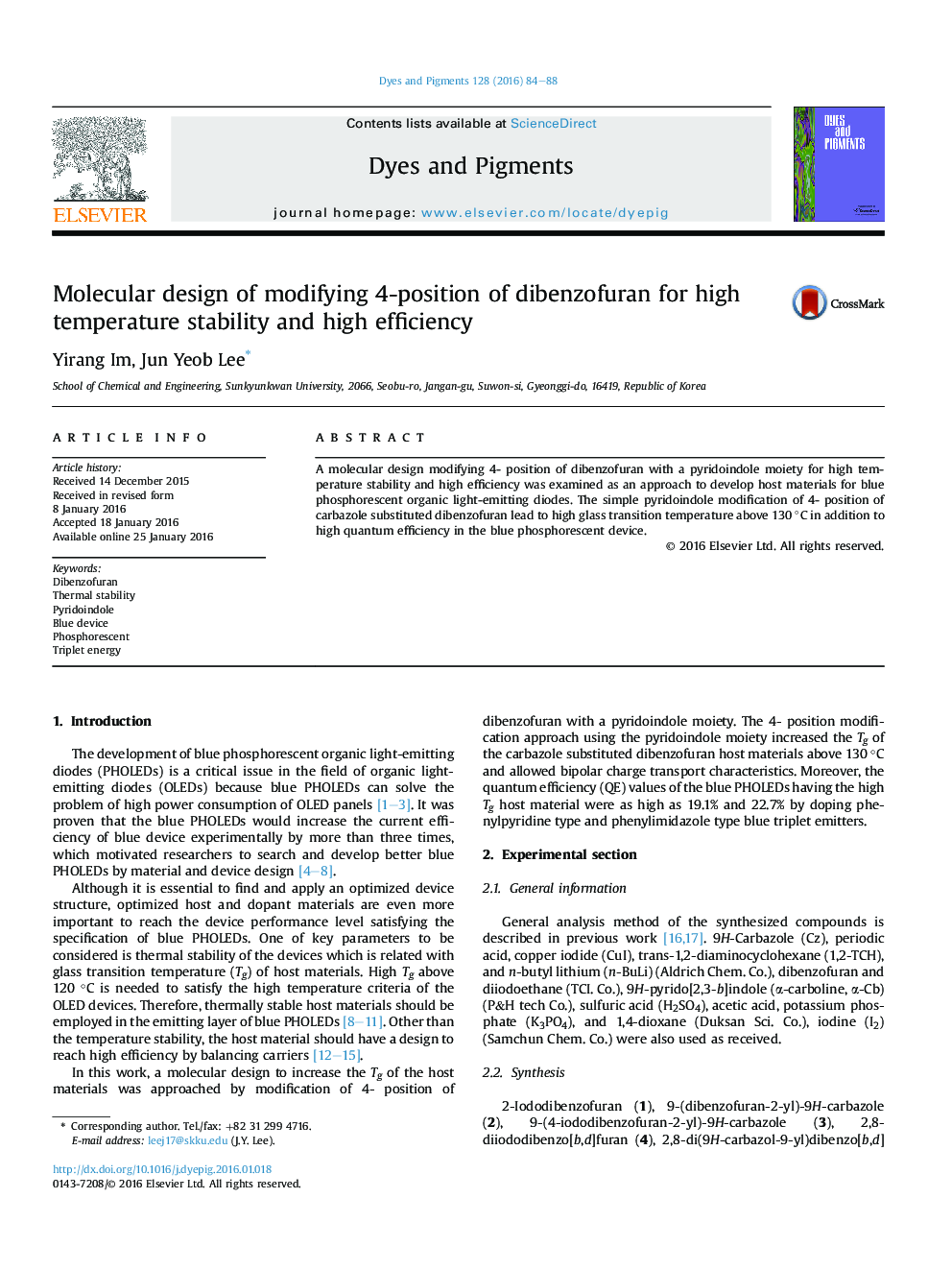 Molecular design of modifying 4-position of dibenzofuran for high temperature stability and high efficiency