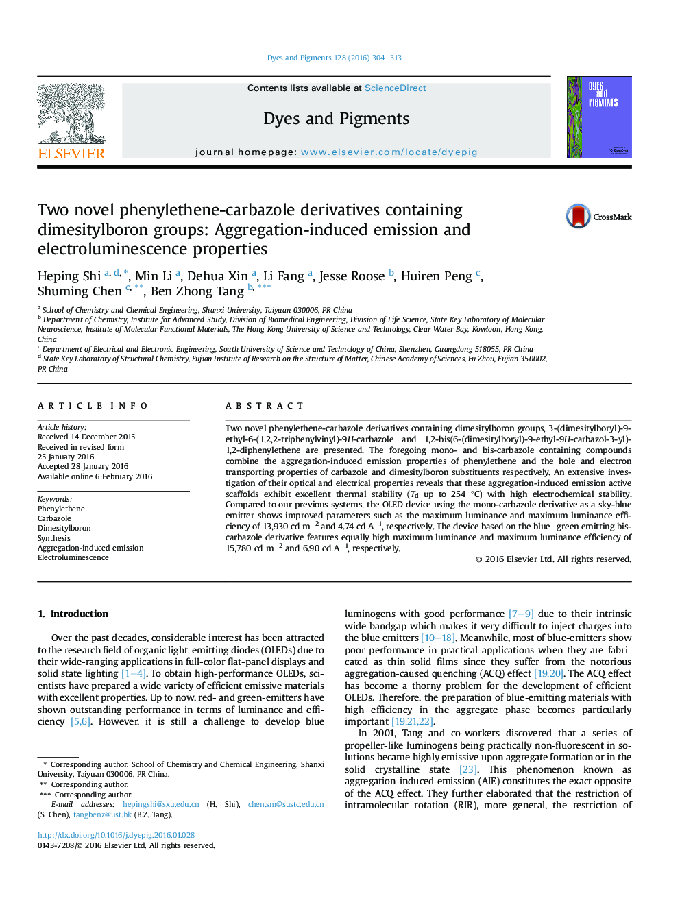 Two novel phenylethene-carbazole derivatives containing dimesitylboron groups: Aggregation-induced emission and electroluminescence properties