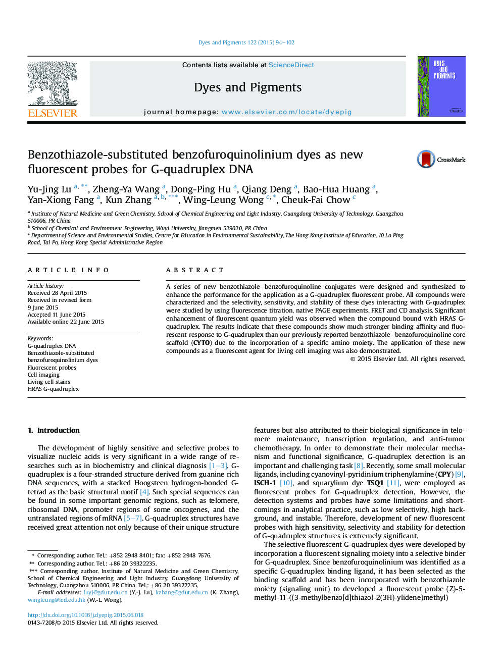 Benzothiazole-substituted benzofuroquinolinium dyes as new fluorescent probes for G-quadruplex DNA