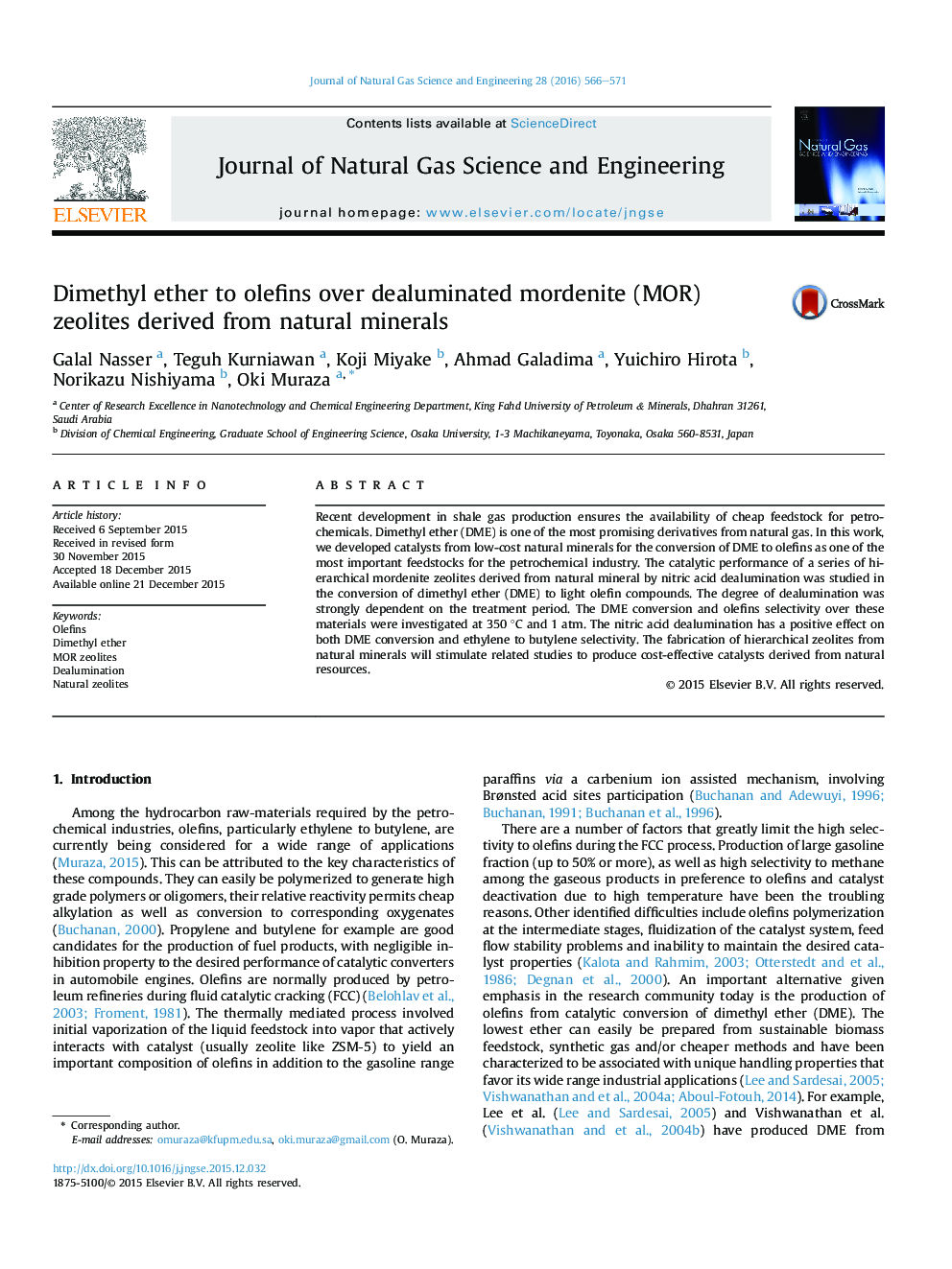 دی متیل اتر برای الفین ها بر روی زئولیت های موردنیت dealuminated (MOR) به دست آمده از مواد معدنی طبیعی