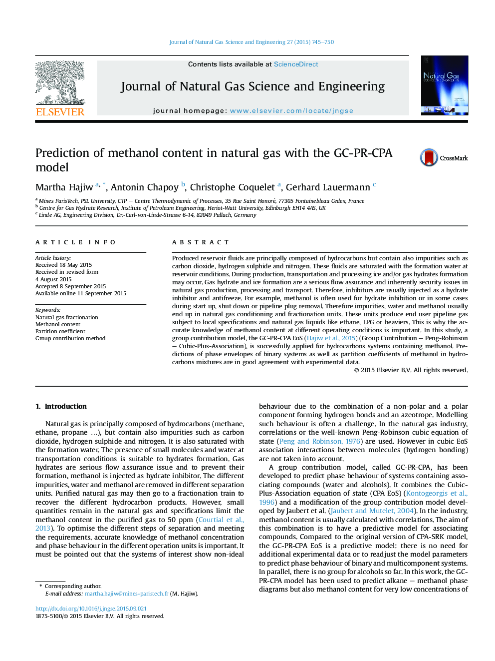 Prediction of methanol content in natural gas with the GC-PR-CPA model