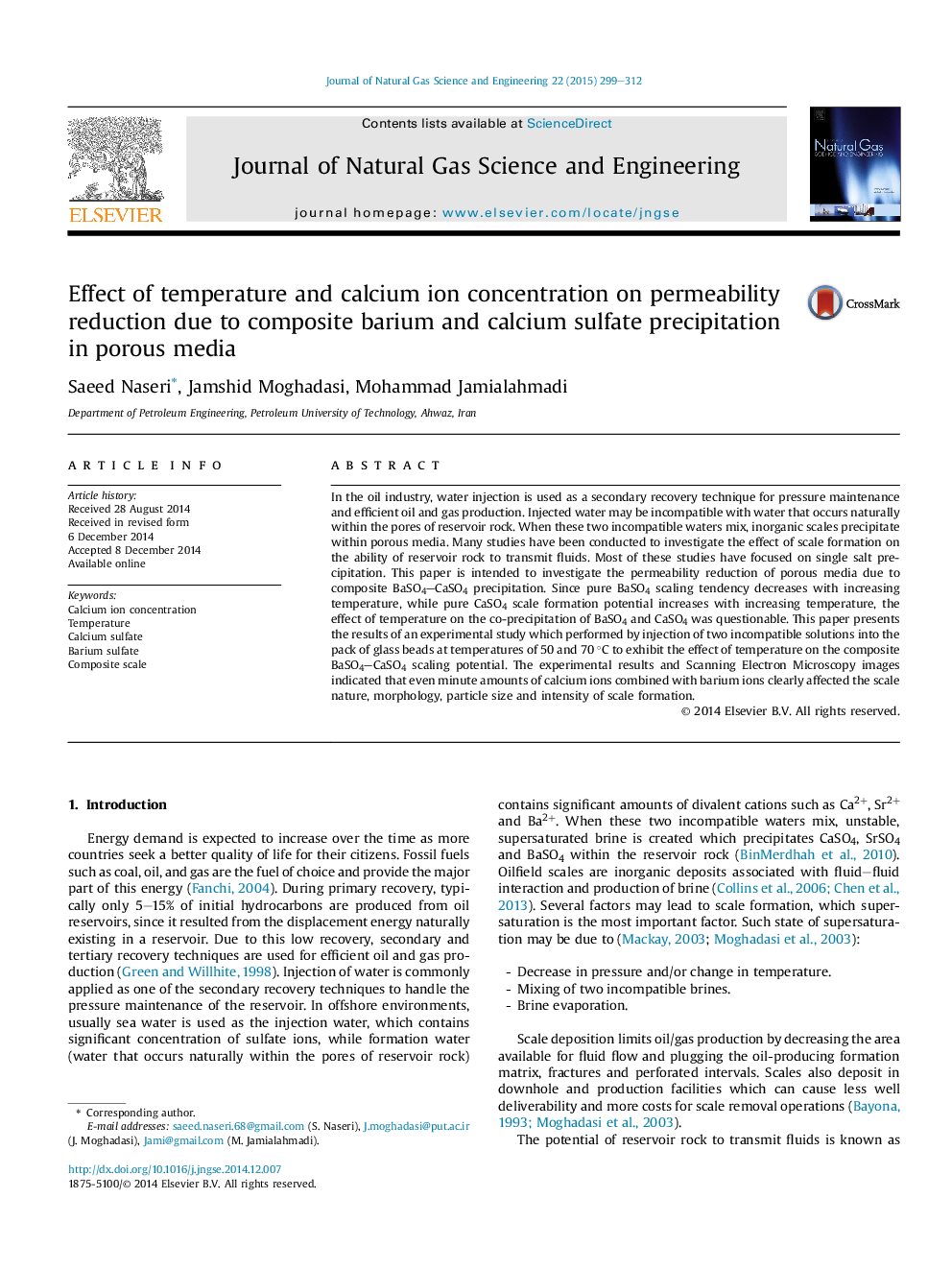 Effect of temperature and calcium ion concentration on permeability reduction due to composite barium and calcium sulfate precipitation in porous media