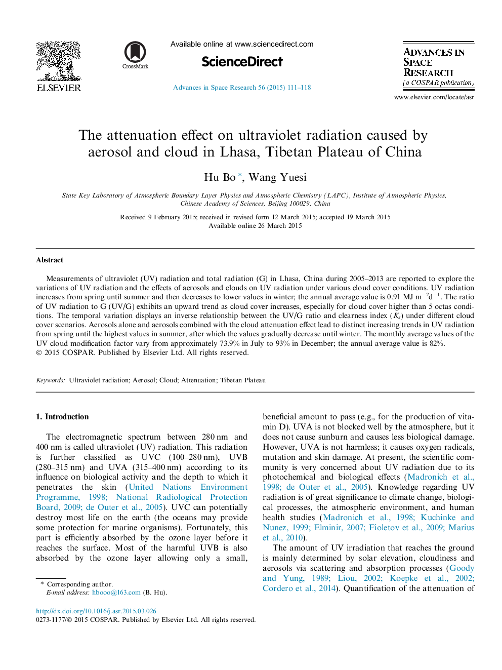 The attenuation effect on ultraviolet radiation caused by aerosol and cloud in Lhasa, Tibetan Plateau of China