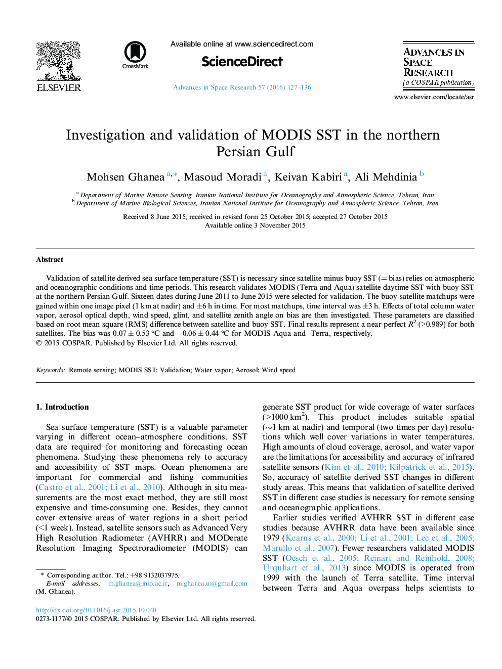 Investigation and validation of MODIS SST in the northern Persian Gulf