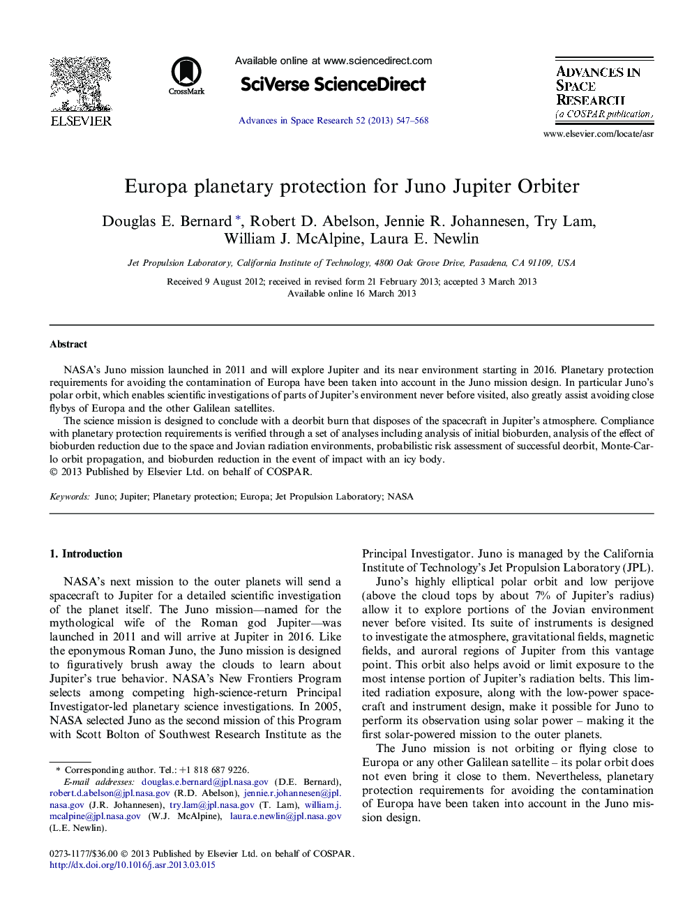 Europa planetary protection for Juno Jupiter Orbiter