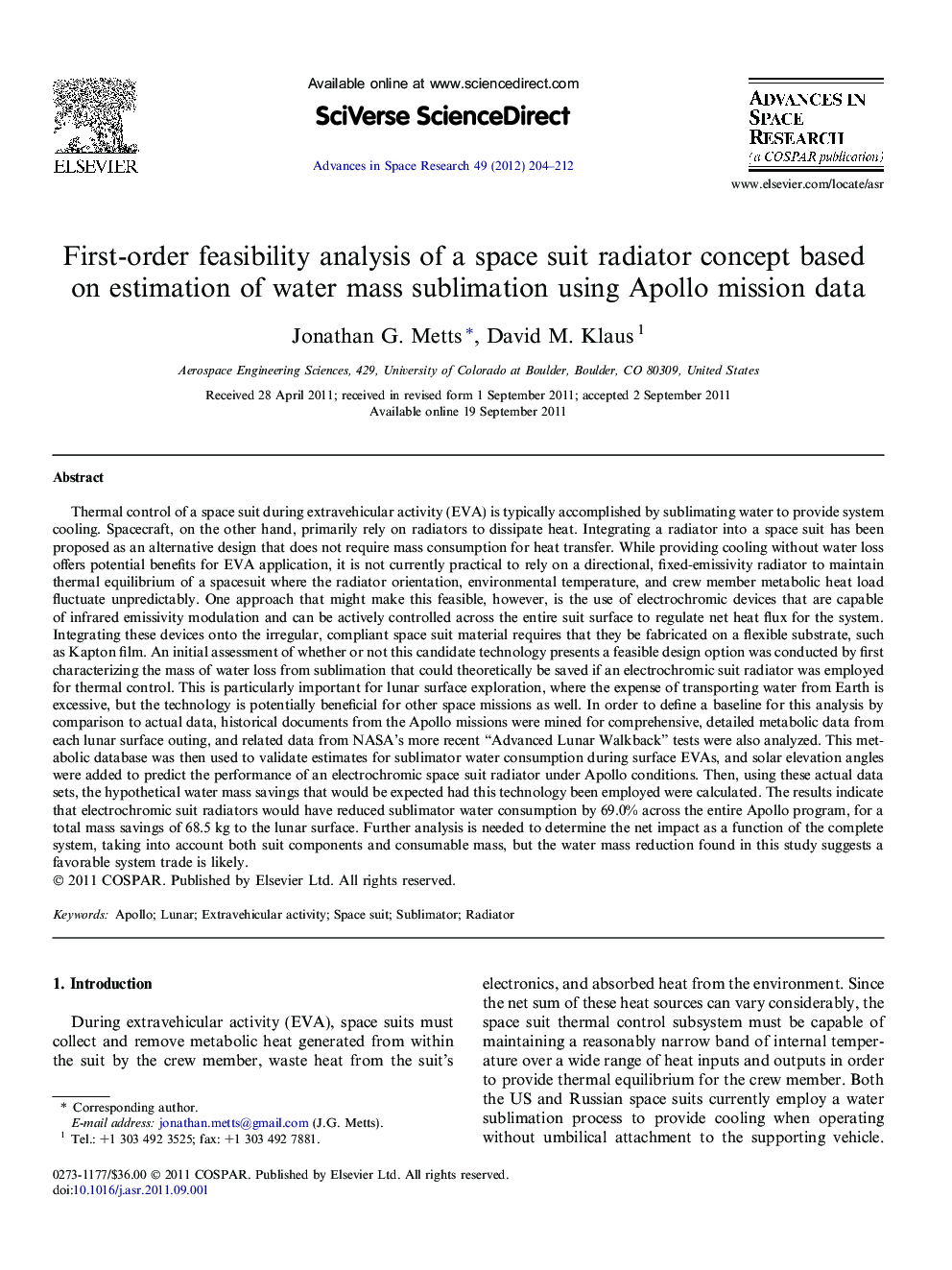 First-order feasibility analysis of a space suit radiator concept based on estimation of water mass sublimation using Apollo mission data