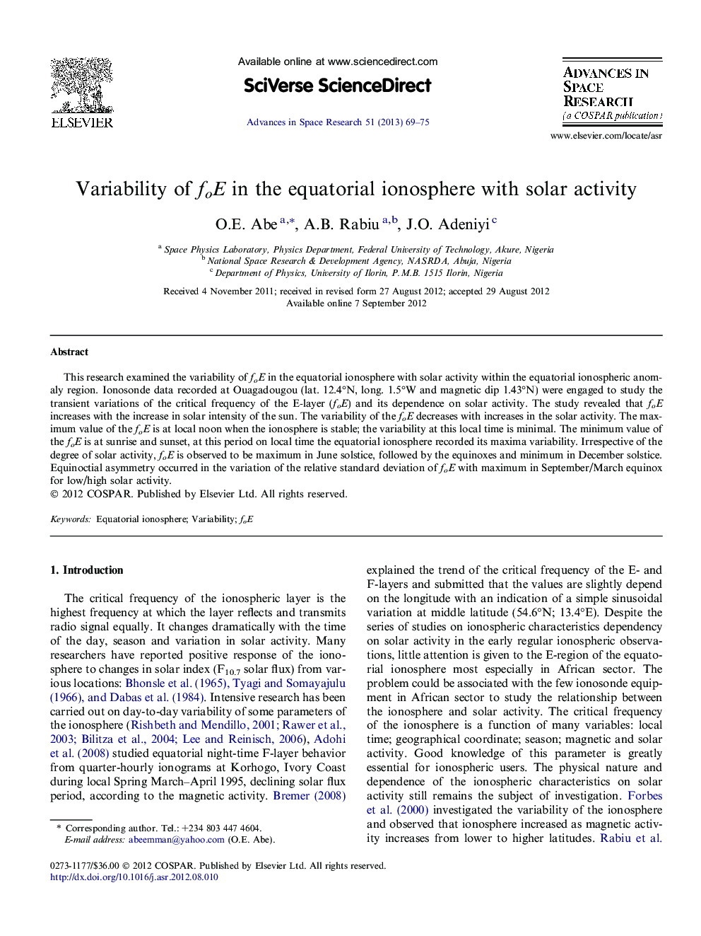 Variability of foE in the equatorial ionosphere with solar activity