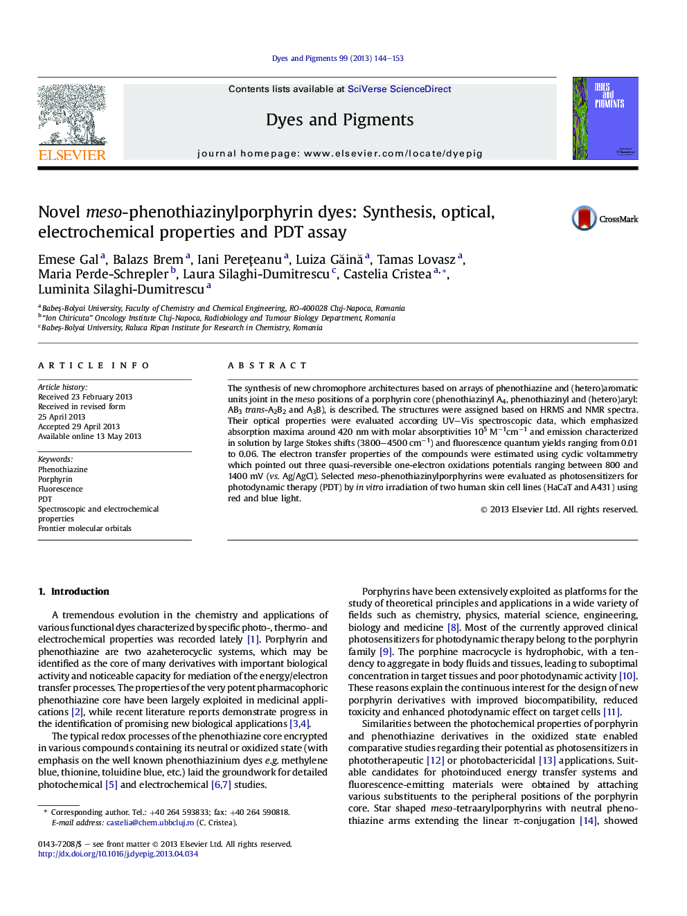 Novel meso-phenothiazinylporphyrin dyes: Synthesis, optical, electrochemical properties and PDT assay