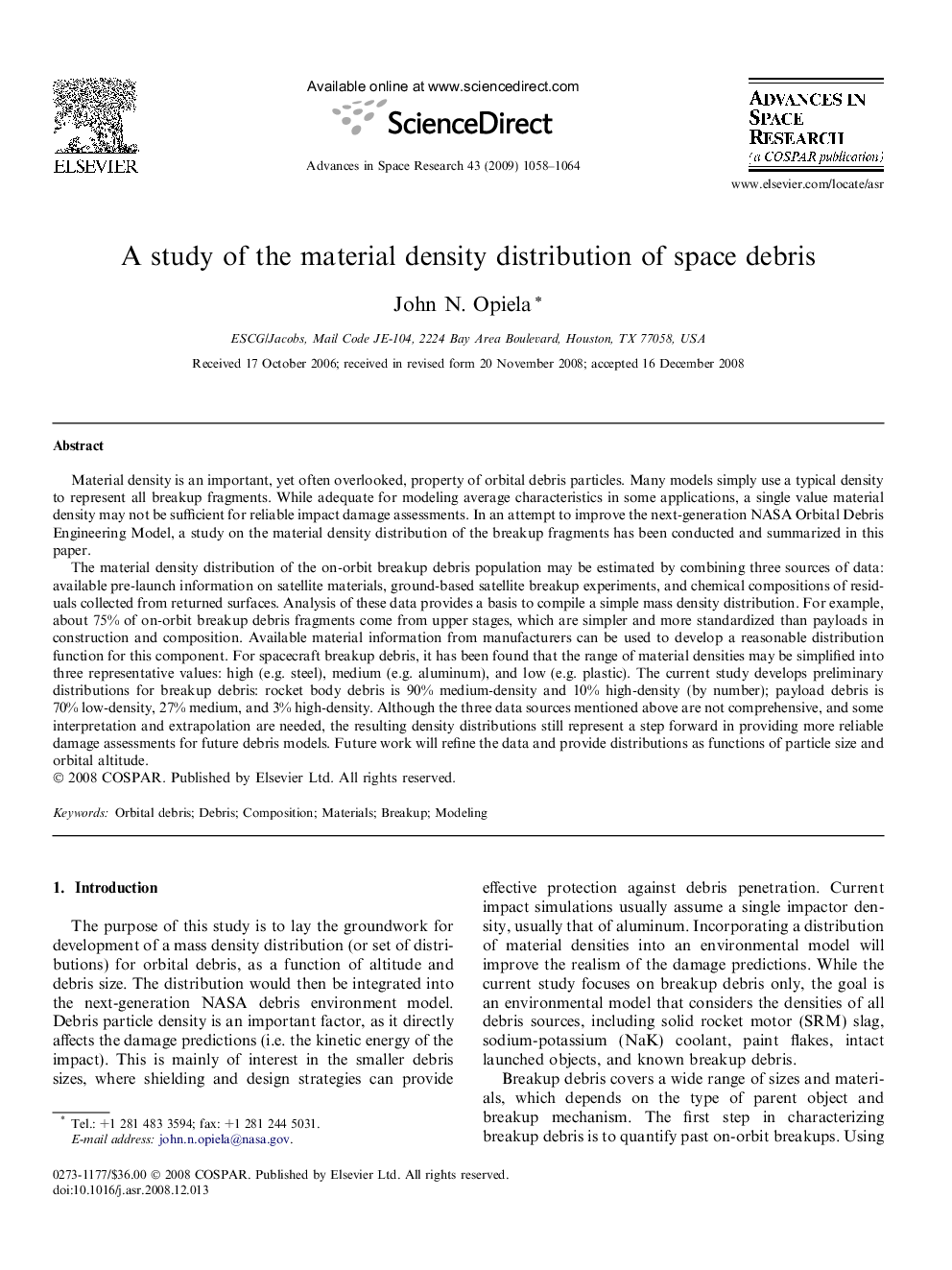 A study of the material density distribution of space debris